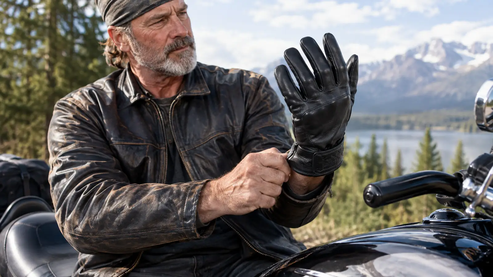 A rider pulling on a leather glove while sitting on a motorcycle