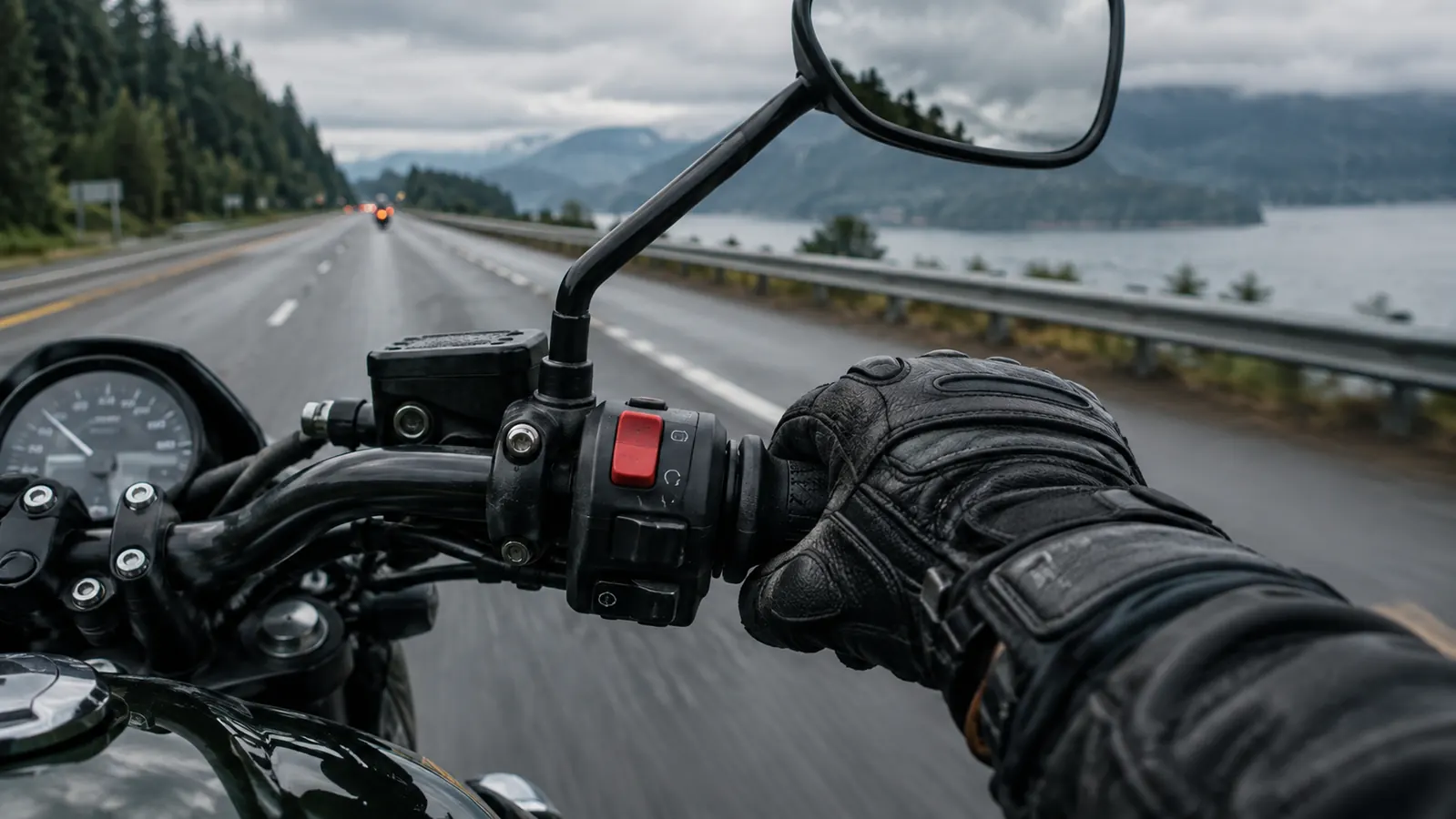 A rider's gloved hand on the throttle grip with an open highway ahead