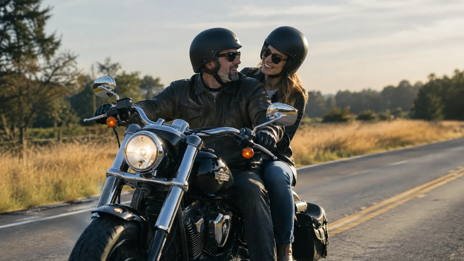 A rider and passenger on a cruiser motorcycle, the rider turned slightly as if talking