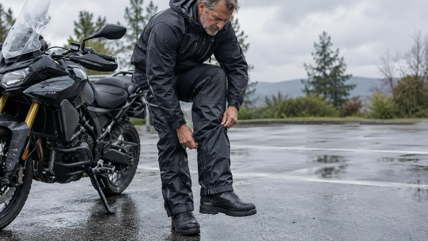 A rider pulling on rain pants over motorcycle boots beside the motorcycle