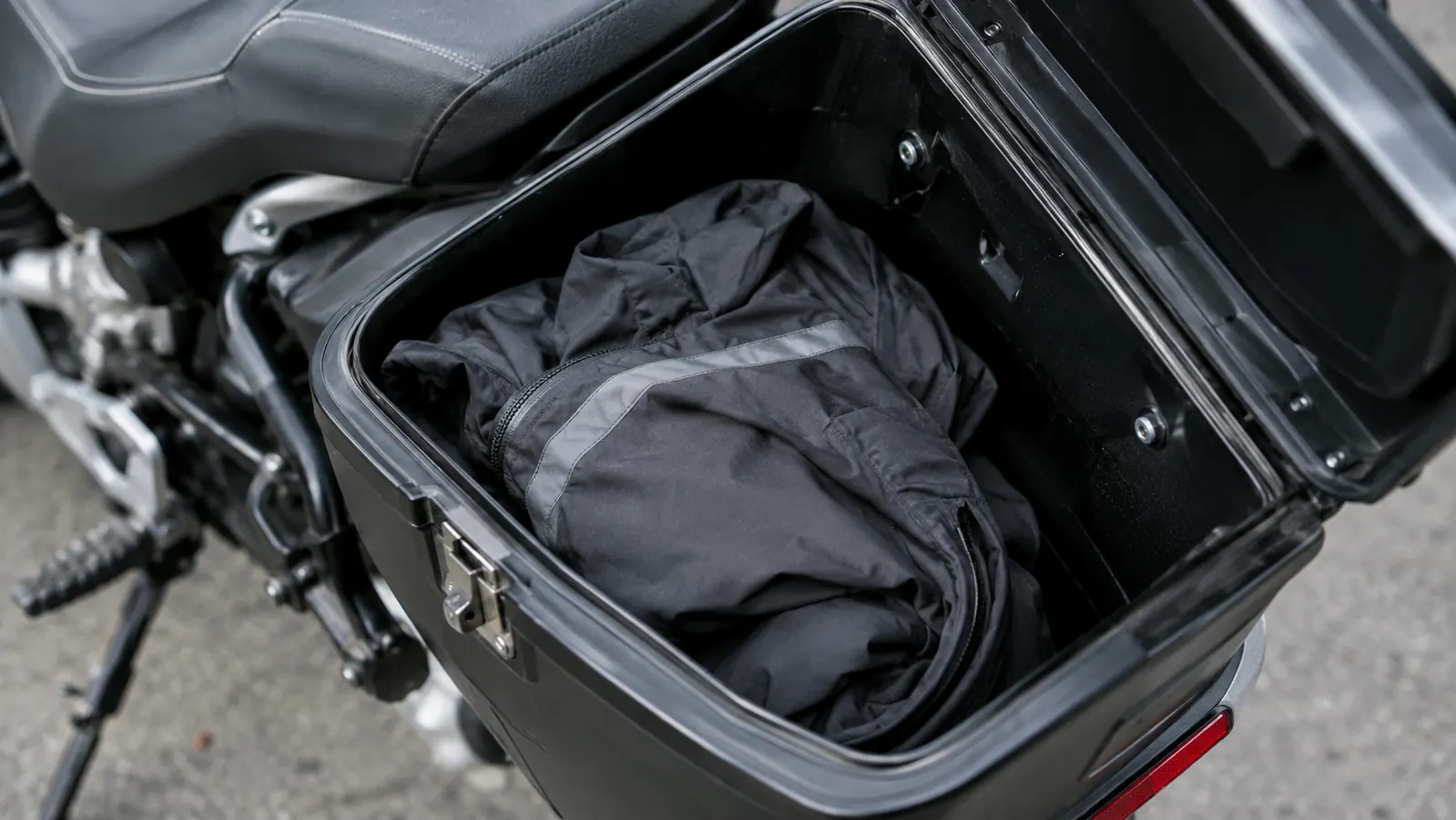 A motorcycle saddlebag open with a folded rain suit packed inside