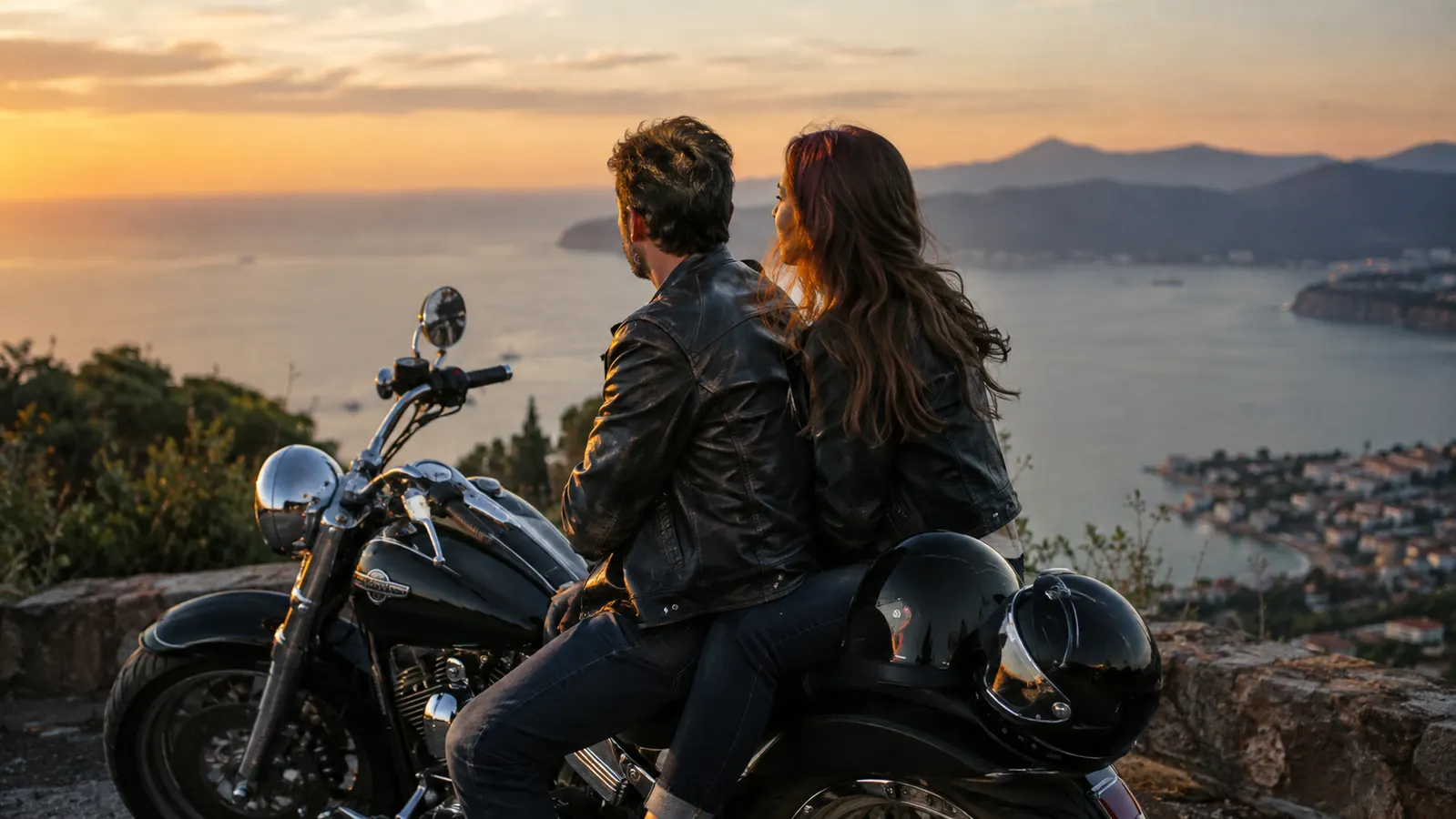 a rider and a passenger on a cruiser motorcycle stopped at a scenic viewpoint over water