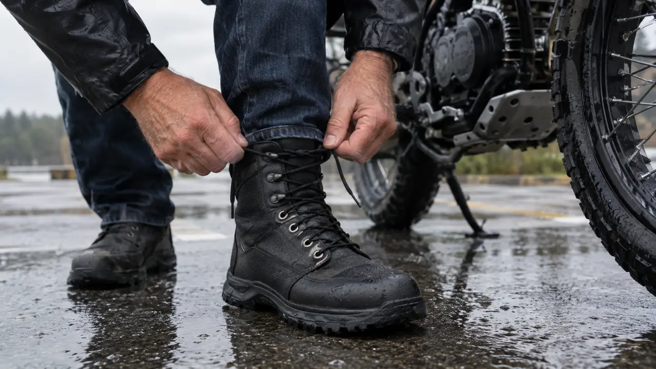 A rider reaching down to fasten a motorcycle boot beside the bike in light rain.