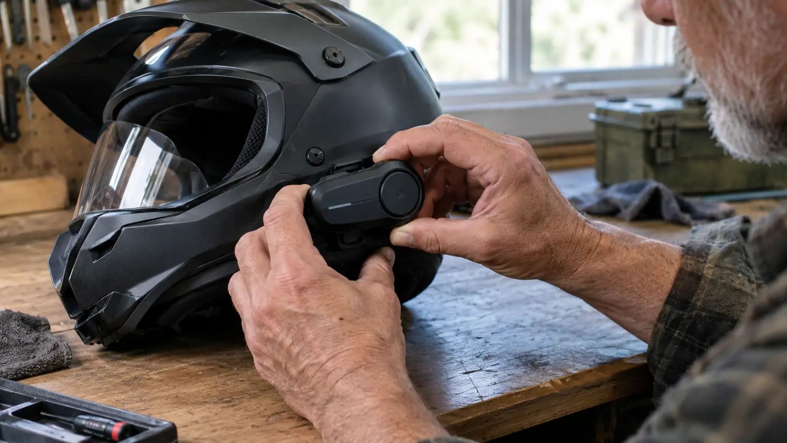 Rider's gloved hands attaching a small headset to the side of a motorcycle helmet on a workbench
