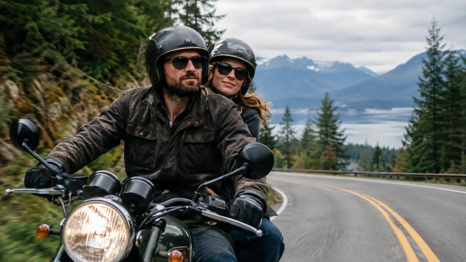 Two riders on a motorcycle riding along a tree-lined road with mountains in the distance