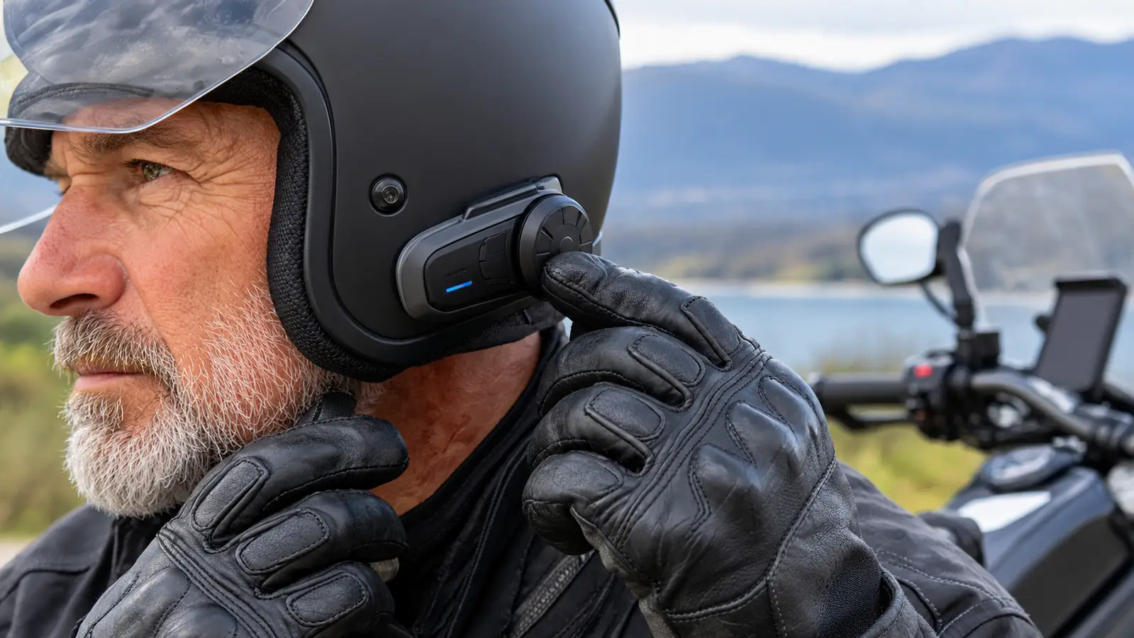 A rider reaching up to adjust a small communication unit on the side of a half helmet