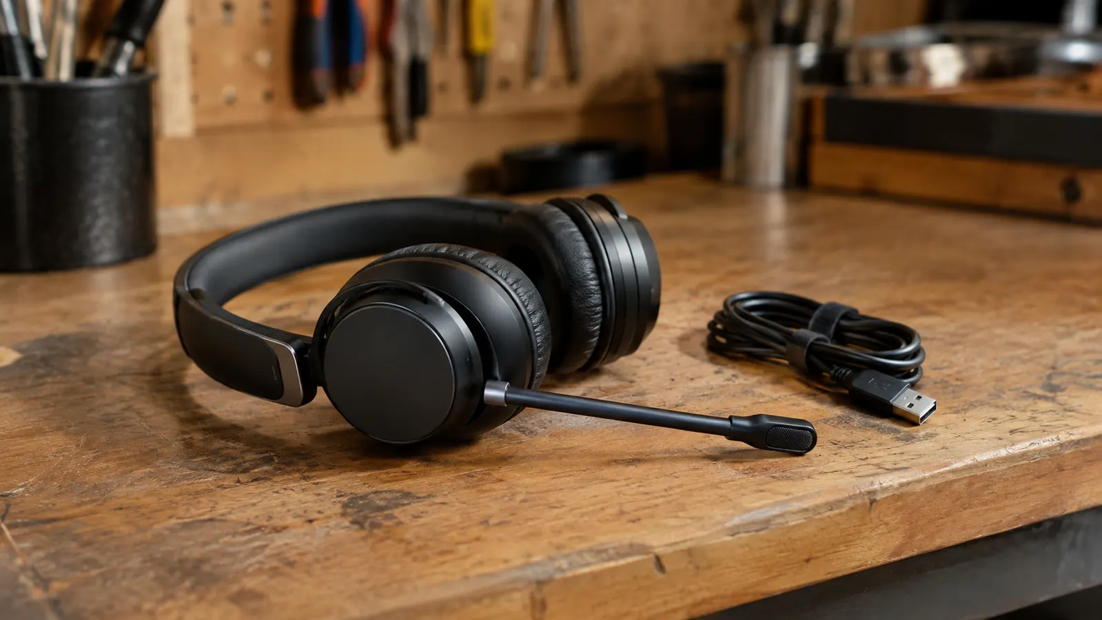 A communication device with a thin speaker sitting on a wooden workbench next to a charging cable