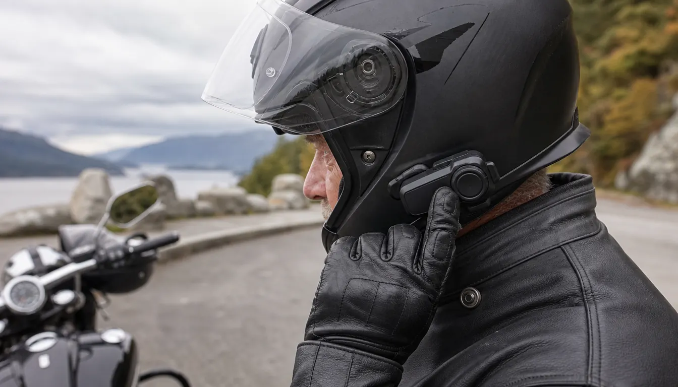 A gloved hand reaching up to adjust a motorcycle communication headset mounted on the side of a full-face helmet, rider standing beside a parked motorcycle at a roadside stop