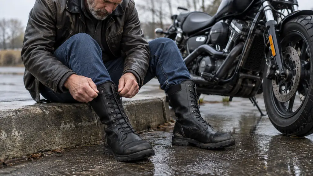A rider's hands lacing a pair of tall leather motorcycle boots while seated on a curb next to a motorcycle