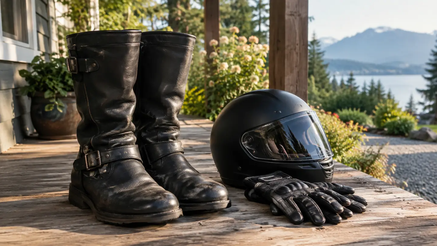 A pair of tall leather motorcycle boots standing on a dry porch beside a helmet and riding gloves