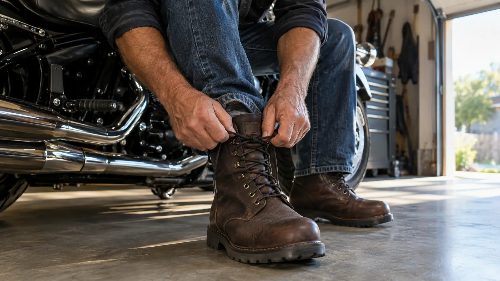 A rider lacing up a motorcycle work boot while seated on a motorcycle in a garage.