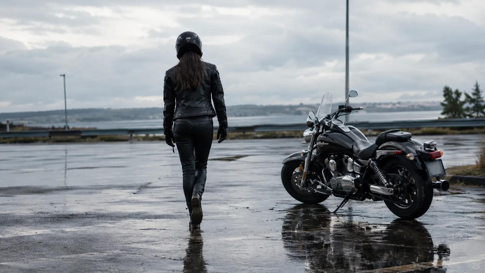 A rider in motorcycle boots walking across a wet parking lot beside a parked cruiser motorcycle on an overcast day.