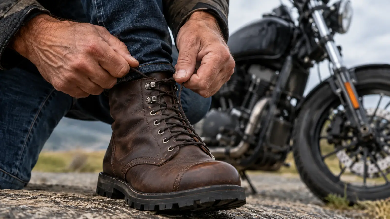 Close view of a rider's hand lacing up a leather motorcycle boot, motorcycle visible in soft-focus background
