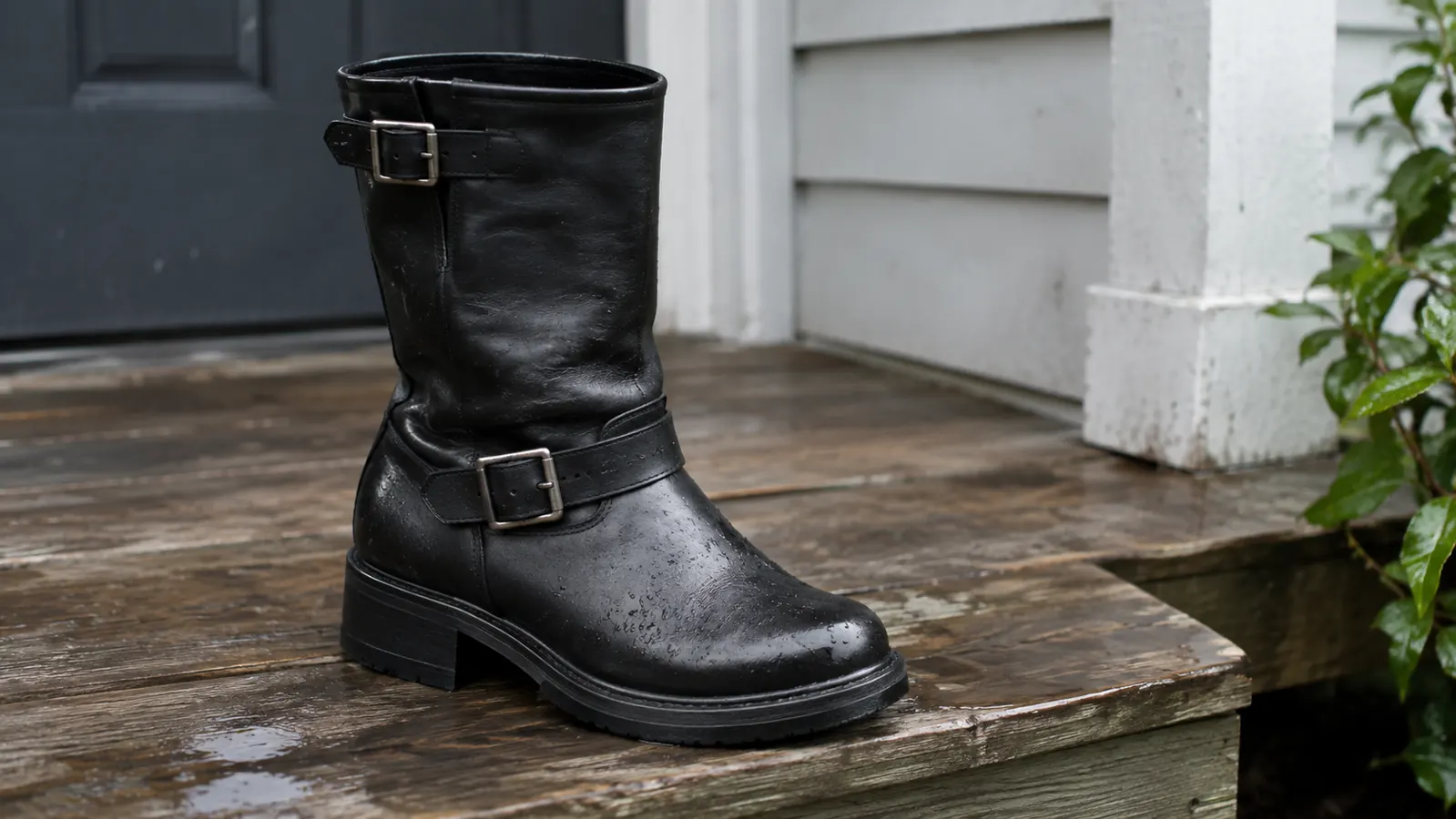 A leather motorcycle boot sitting on a wooden porch step after a wet ride, cleaned and drying naturally