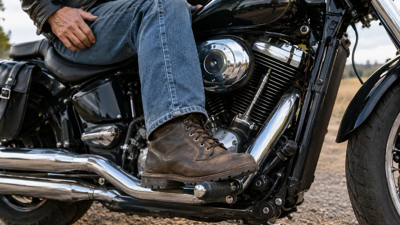 A rider on a motorcycle with one booted foot on the ground