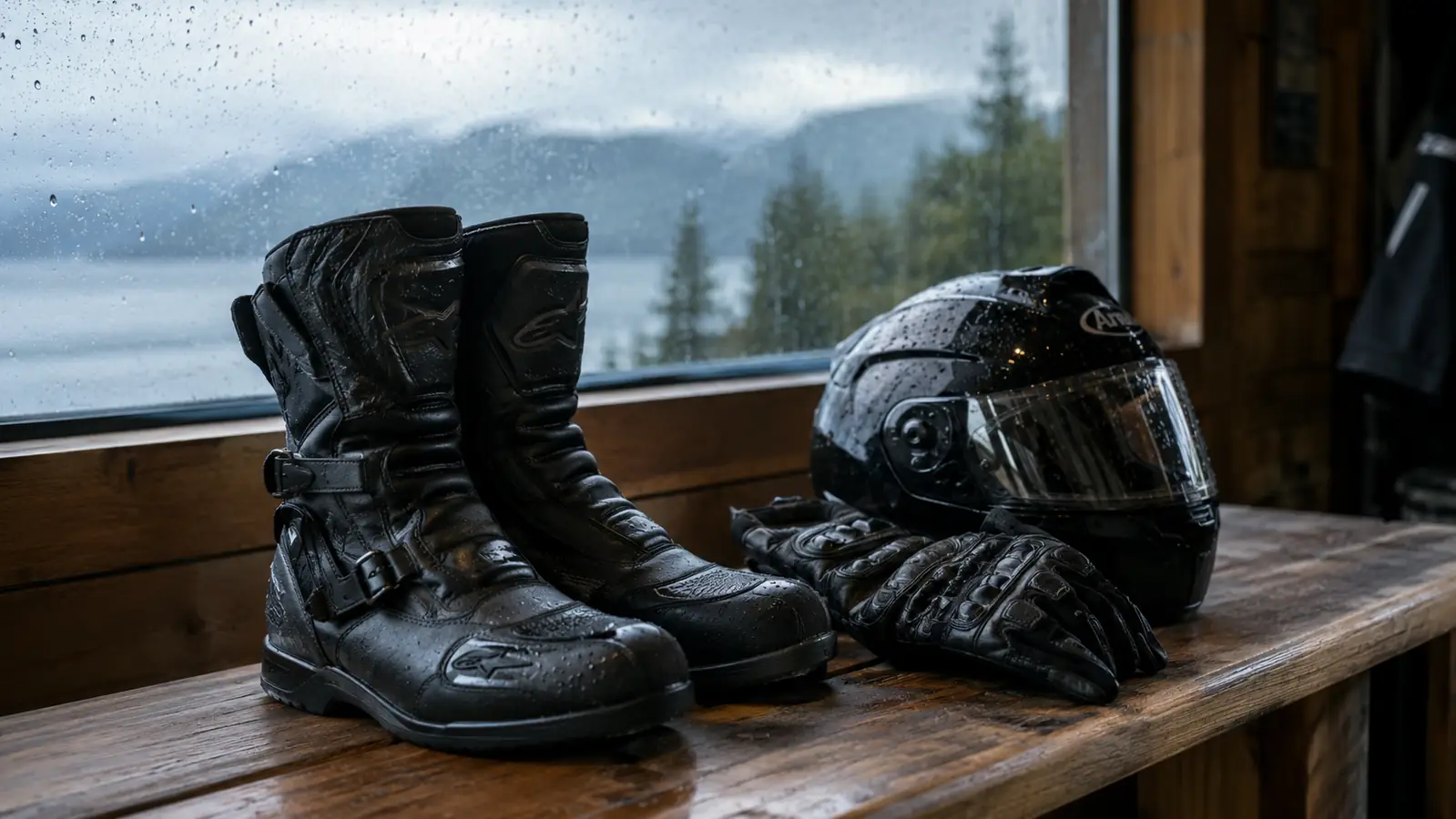 A pair of motorcycle boots resting on a wooden bench beside a helmet and riding gloves