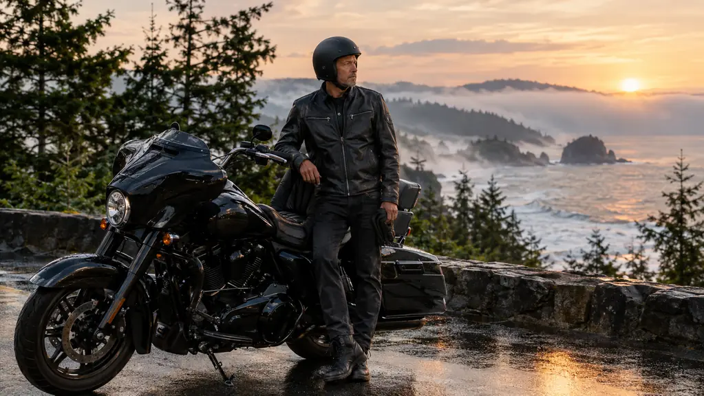 A rider in a black leather jacket and open face helmet standing beside a black touring motorcycle on a wet coastal road at sunrise