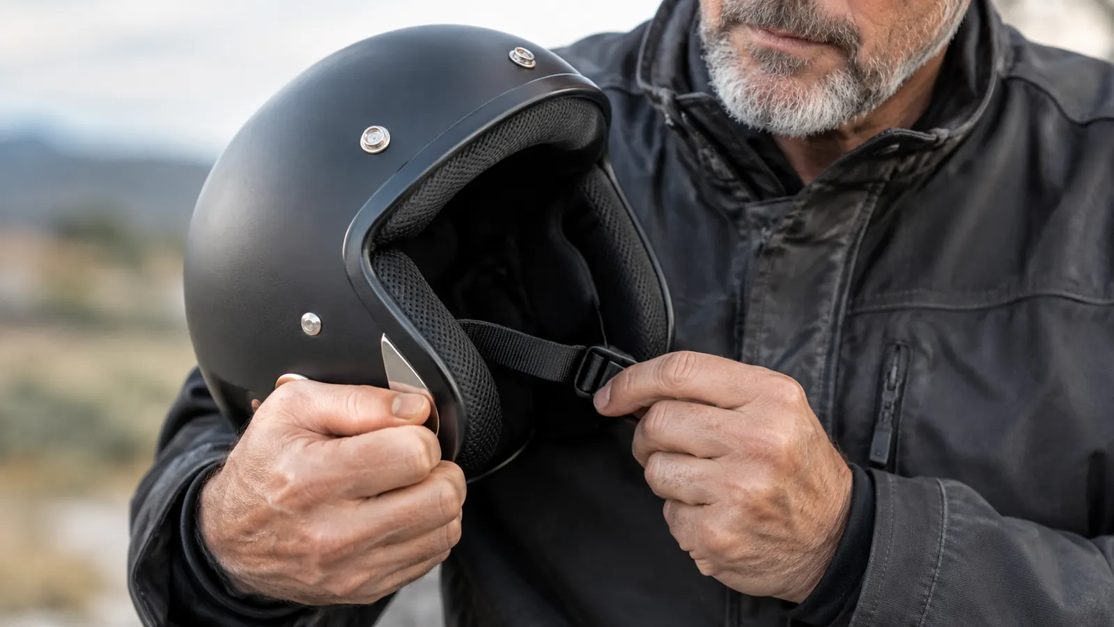 Rider adjusting the chin strap of an open face 3/4 helmet held in one hand before a ride