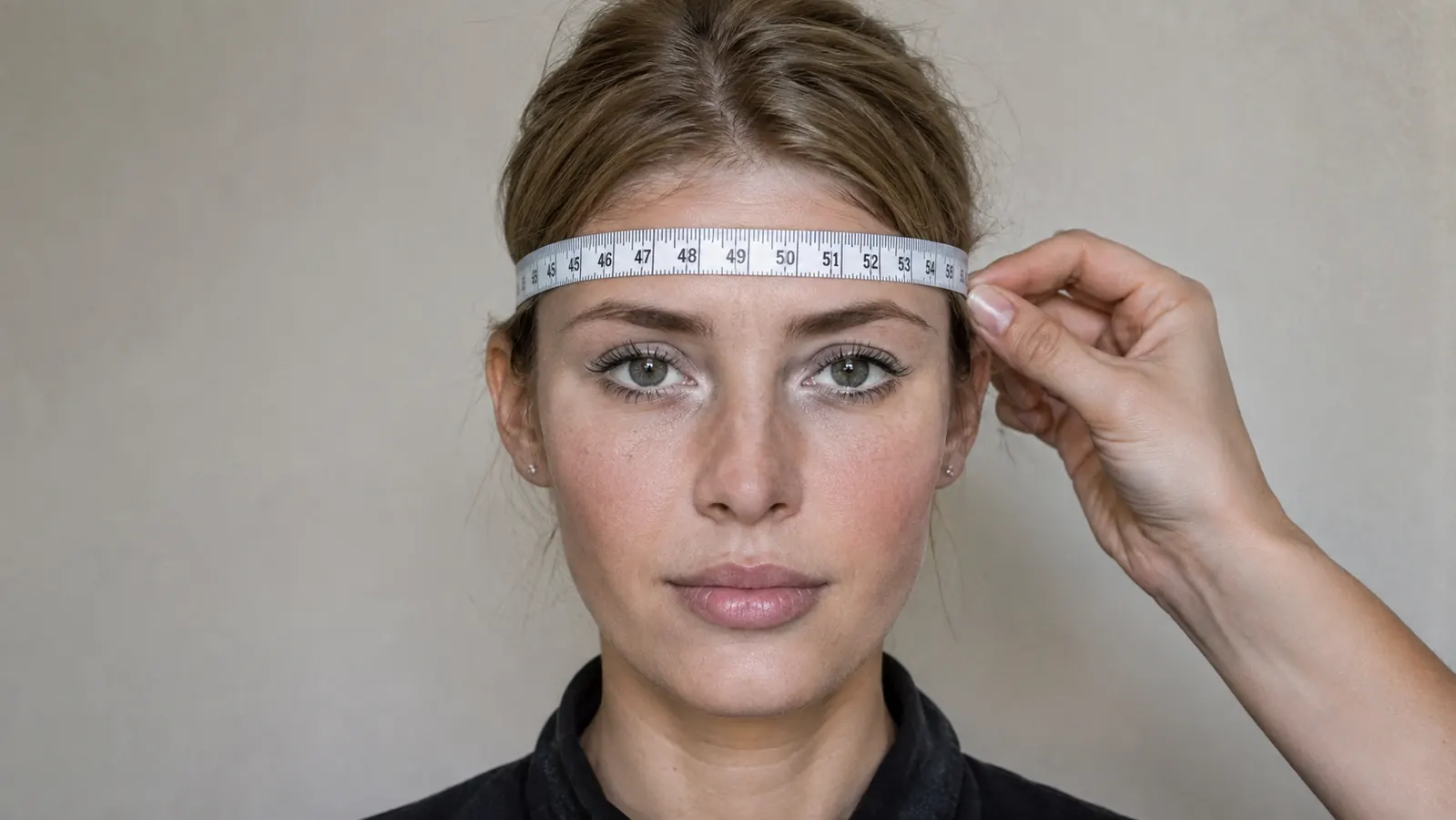 Soft measuring tape wrapped around a rider's head just above the eyebrows to check helmet size
