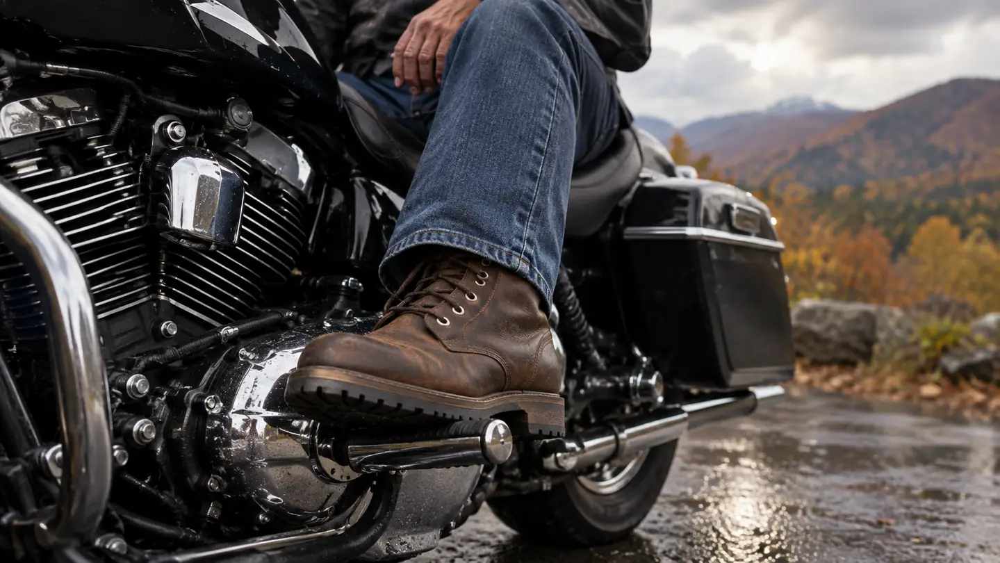 A rider's foot in a waterproof motorcycle boot resting on the footpeg of a cruiser motorcycle