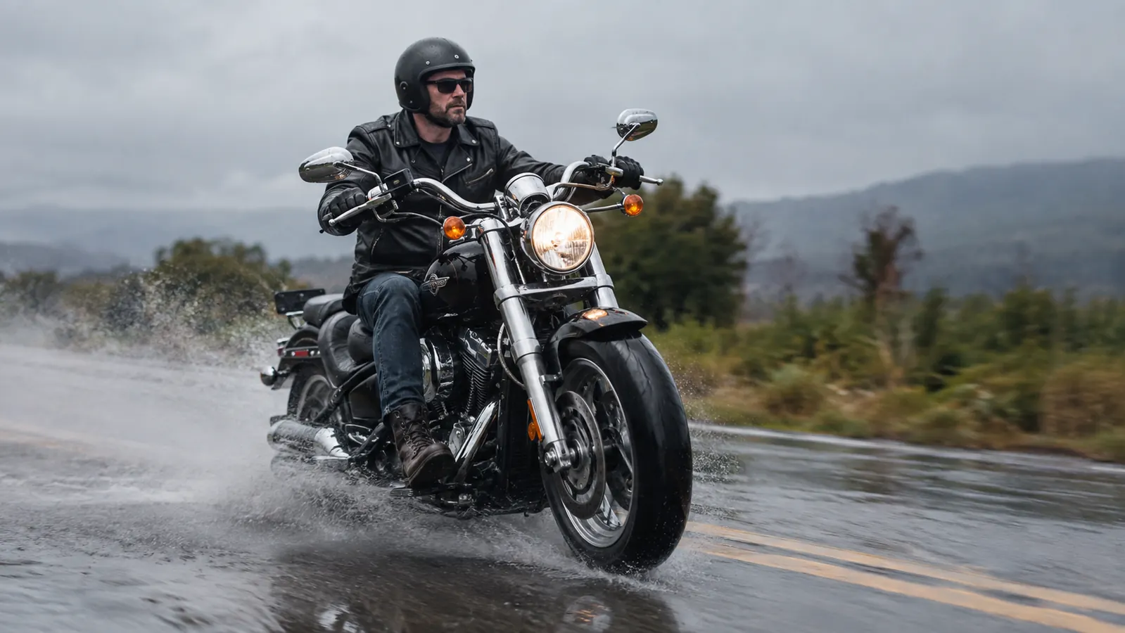 A rider on a cruiser motorcycle riding through water on a wet road, both boots planted on the footpegs
