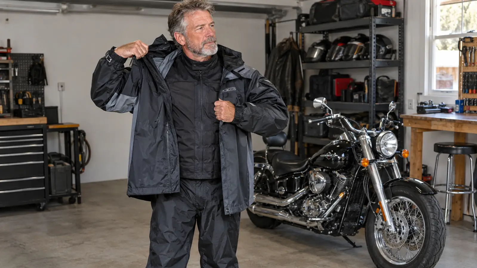 A rider pulling a rain suit jacket on over a riding jacket in a home garage, a motorcycle parked nearby