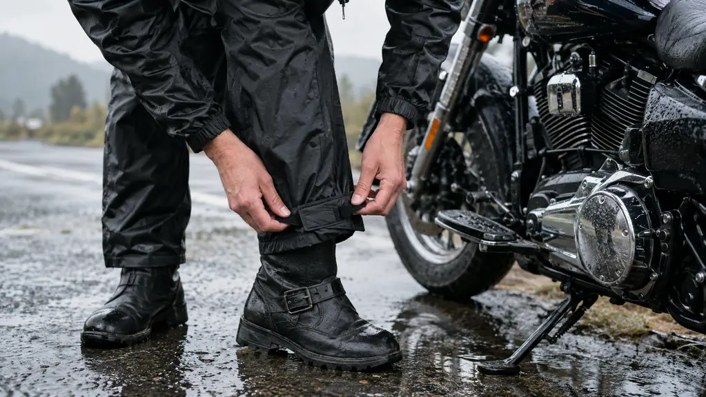 Close view of a rider fastening rain suit pants over riding boots beside a motorcycle on a wet roadside