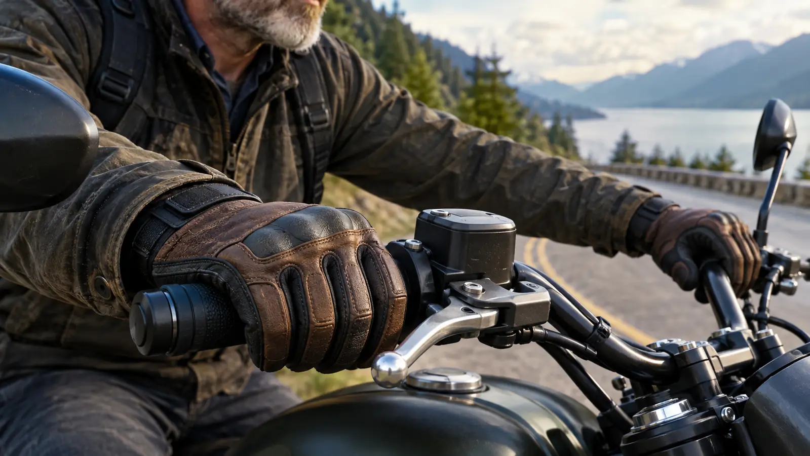 Close view of a rider's hands in leather gloves resting on the handlebar grips.