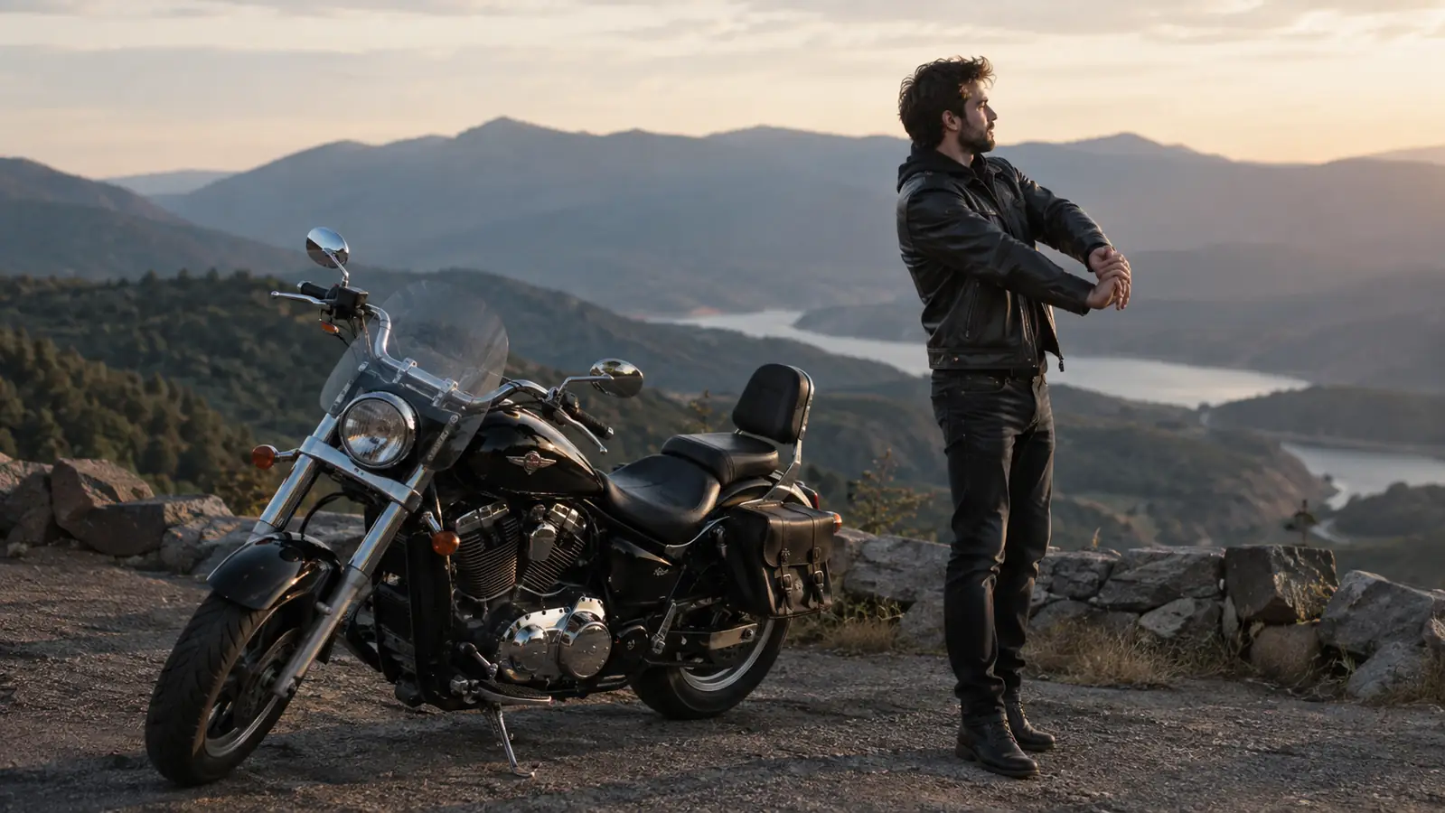 Rider stretching and flexing fingers next to a motorcycle at a mountain overlook in late afternoon light.