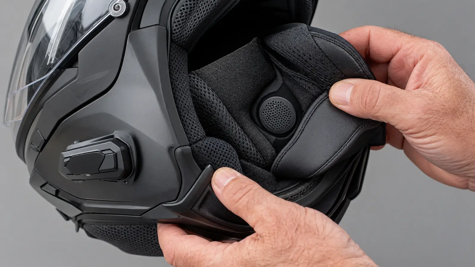 Close view of a helmet with a slim communication speaker visible inside the ear pocket and a small control unit clipped to the side