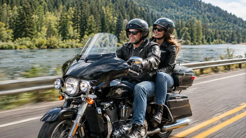 A rider and a passenger on a large touring motorcycle, the passenger leaning toward the rider as they ride a two-lane highway