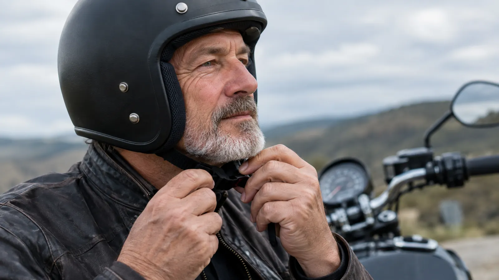 A rider's hands adjusting the chin strap of an open face helmet before a ride