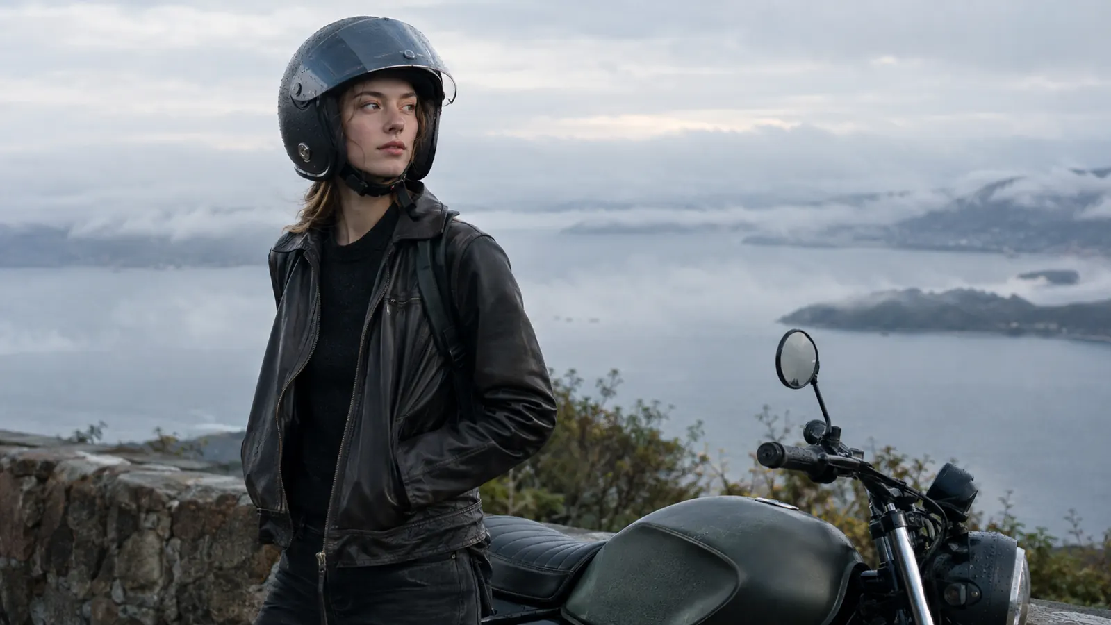A rider in an open face helmet looking out over a rainy Pacific Northwest viewpoint