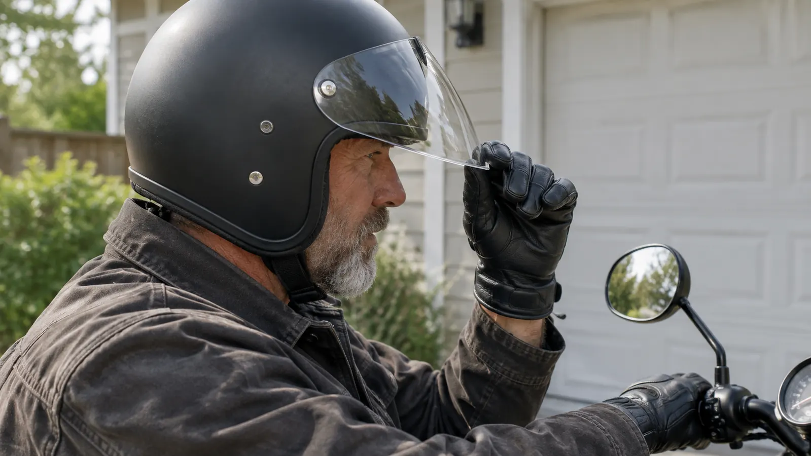 Rider adjusting the visor on an open face helmet while seated on the motorcycle