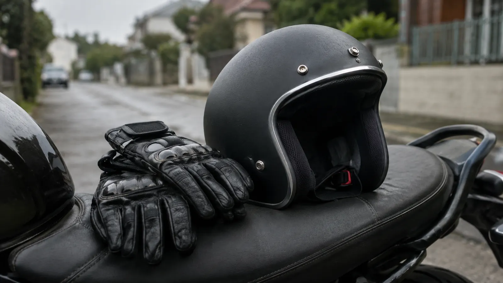 Open face helmet resting on a motorcycle seat next to riding gloves