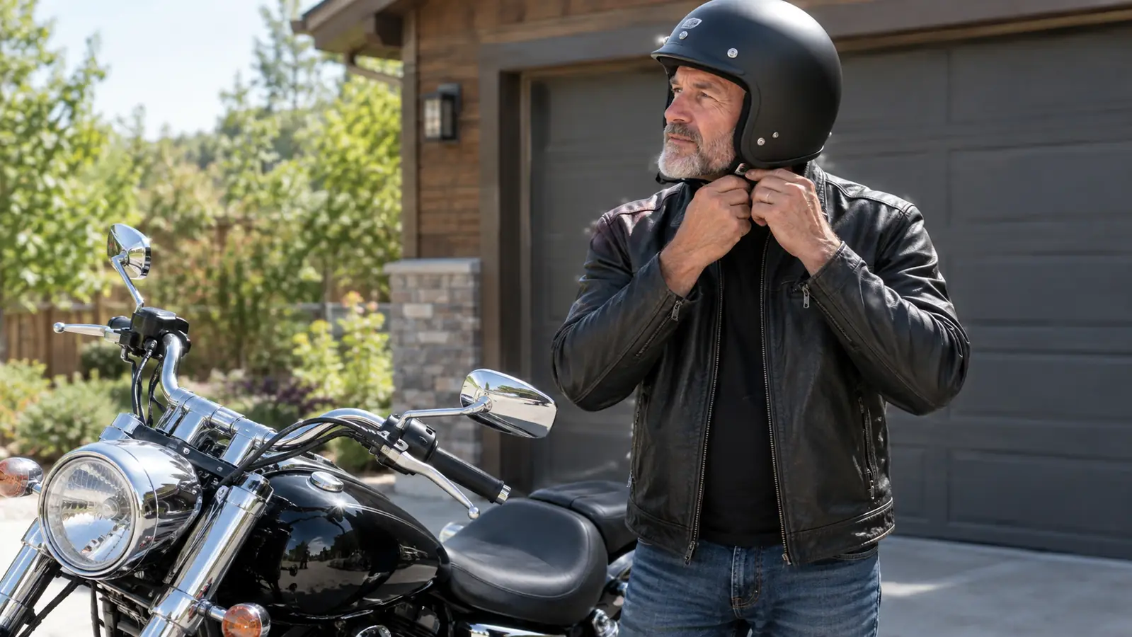 Rider adjusting the chin strap of an open face helmet beside a cruiser motorcycle in a driveway