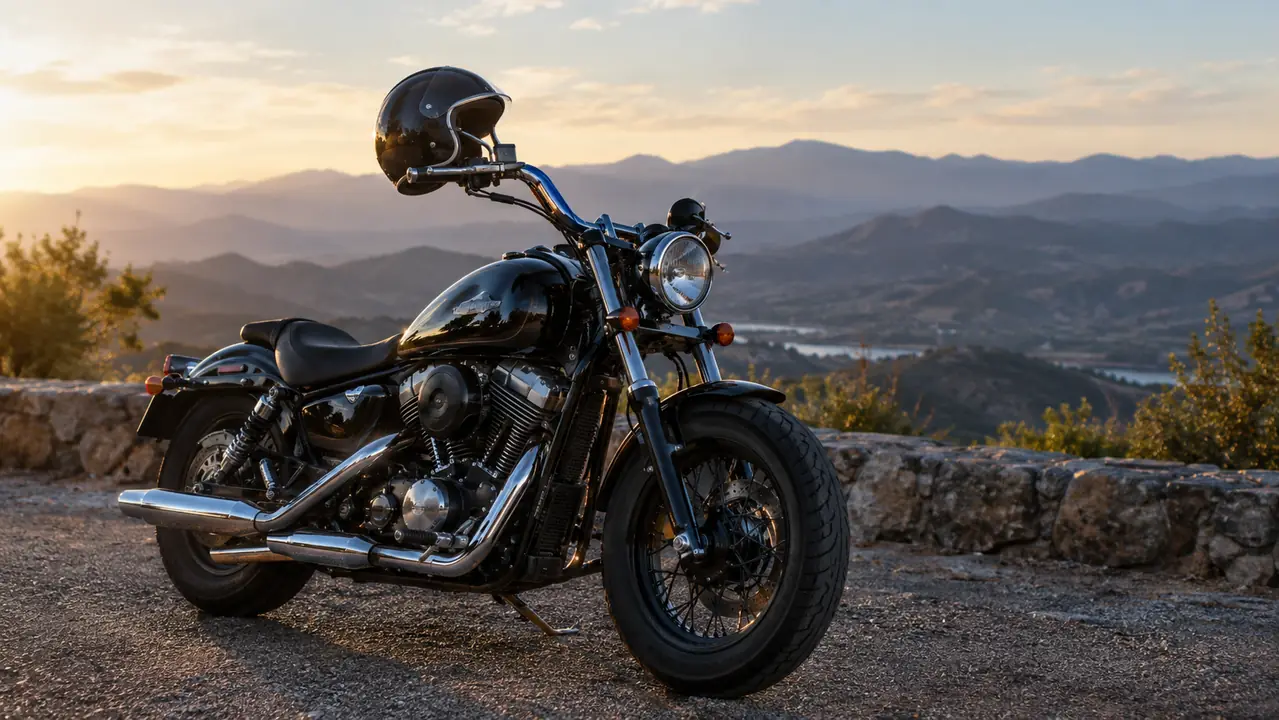 Open face helmet resting on the mirror of a cruiser motorcycle parked at a scenic overlook