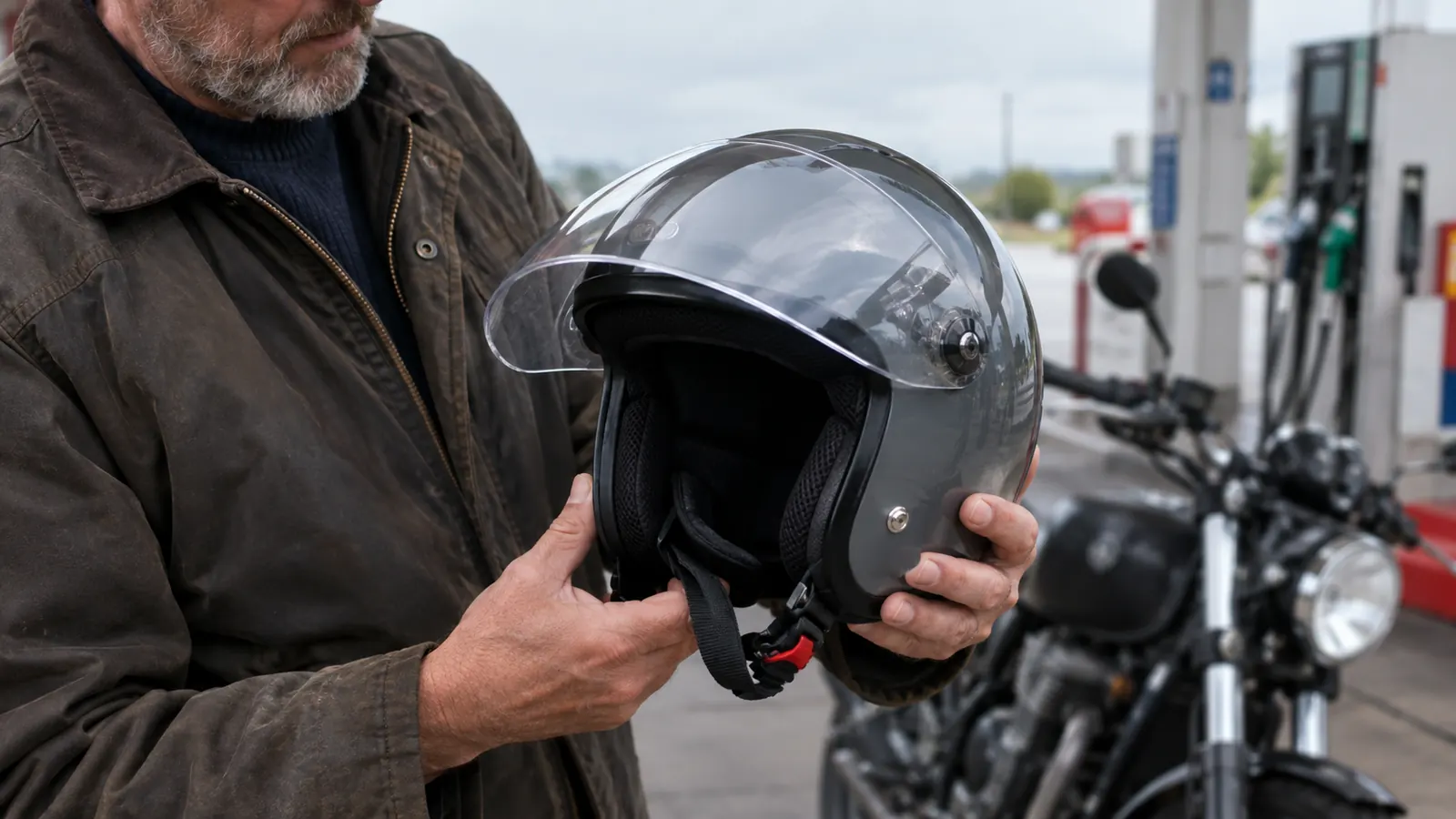 Close view of the open face helmet with its visor and chin strap, held by a rider at a gas stop