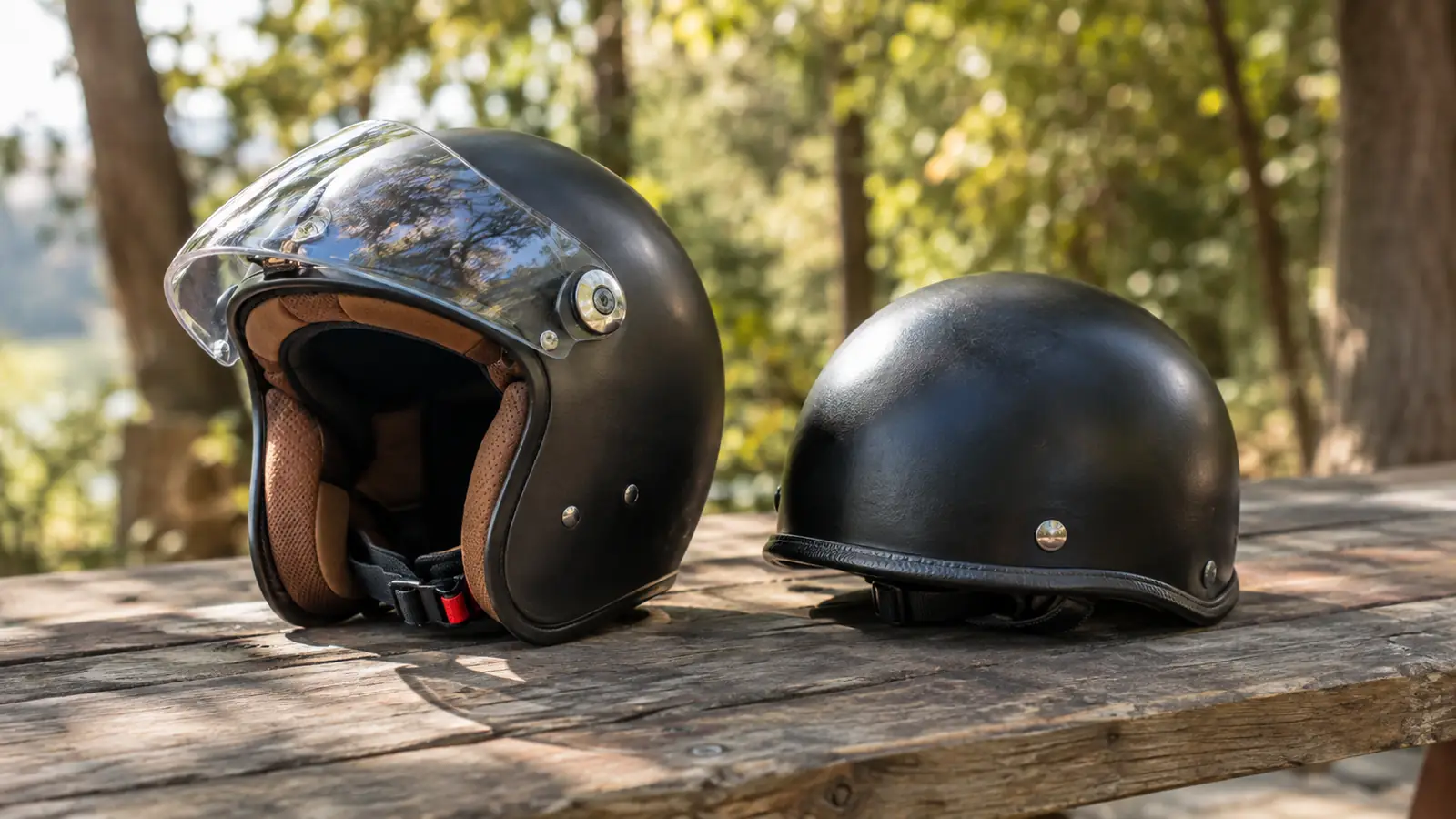 Two helmets on a picnic table, one open face 3/4 helmet and one half helmet, side by side in the afternoon light