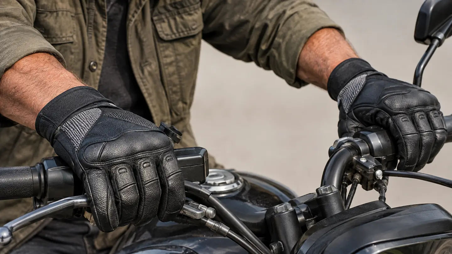 A rider's hands in leather gloves resting on the grips of a motorcycle, close-up detail of the glove cuff and palm
