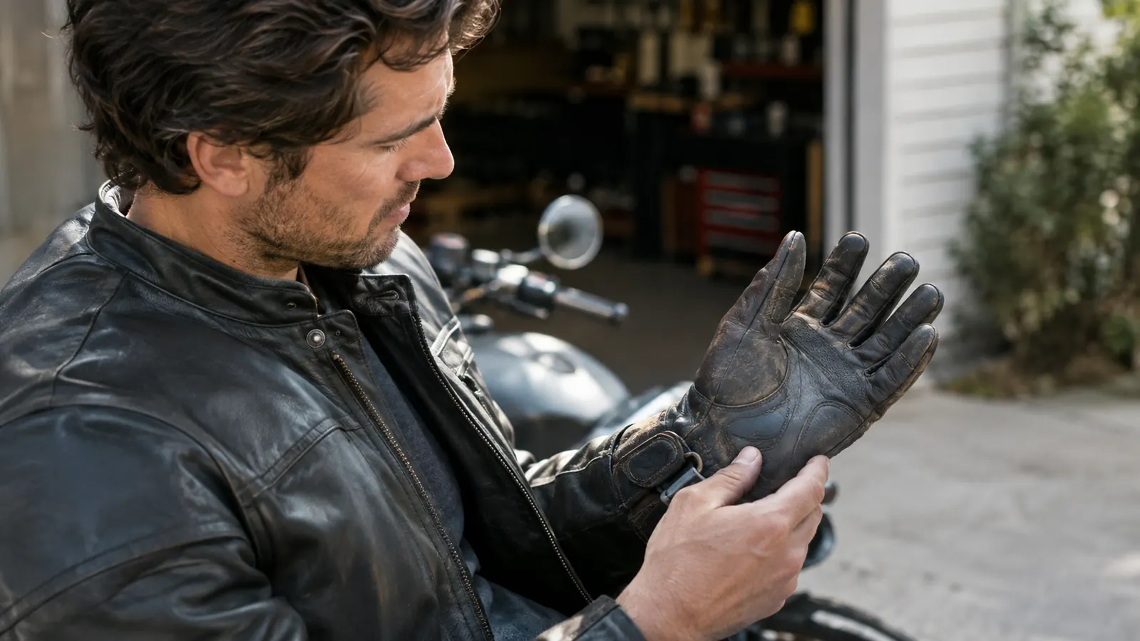A rider checking the palm of a leather glove after a ride, looking at the wear on the material