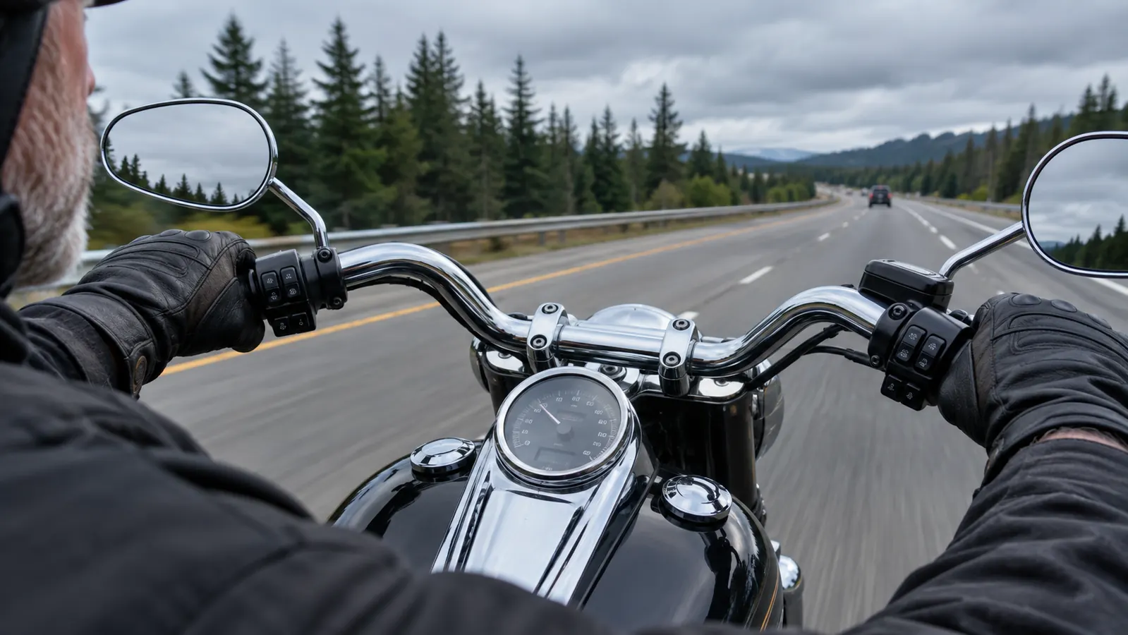 A rider's hands in black leather cruising gloves gripping the handlebars of a cruiser motorcycle on the highway