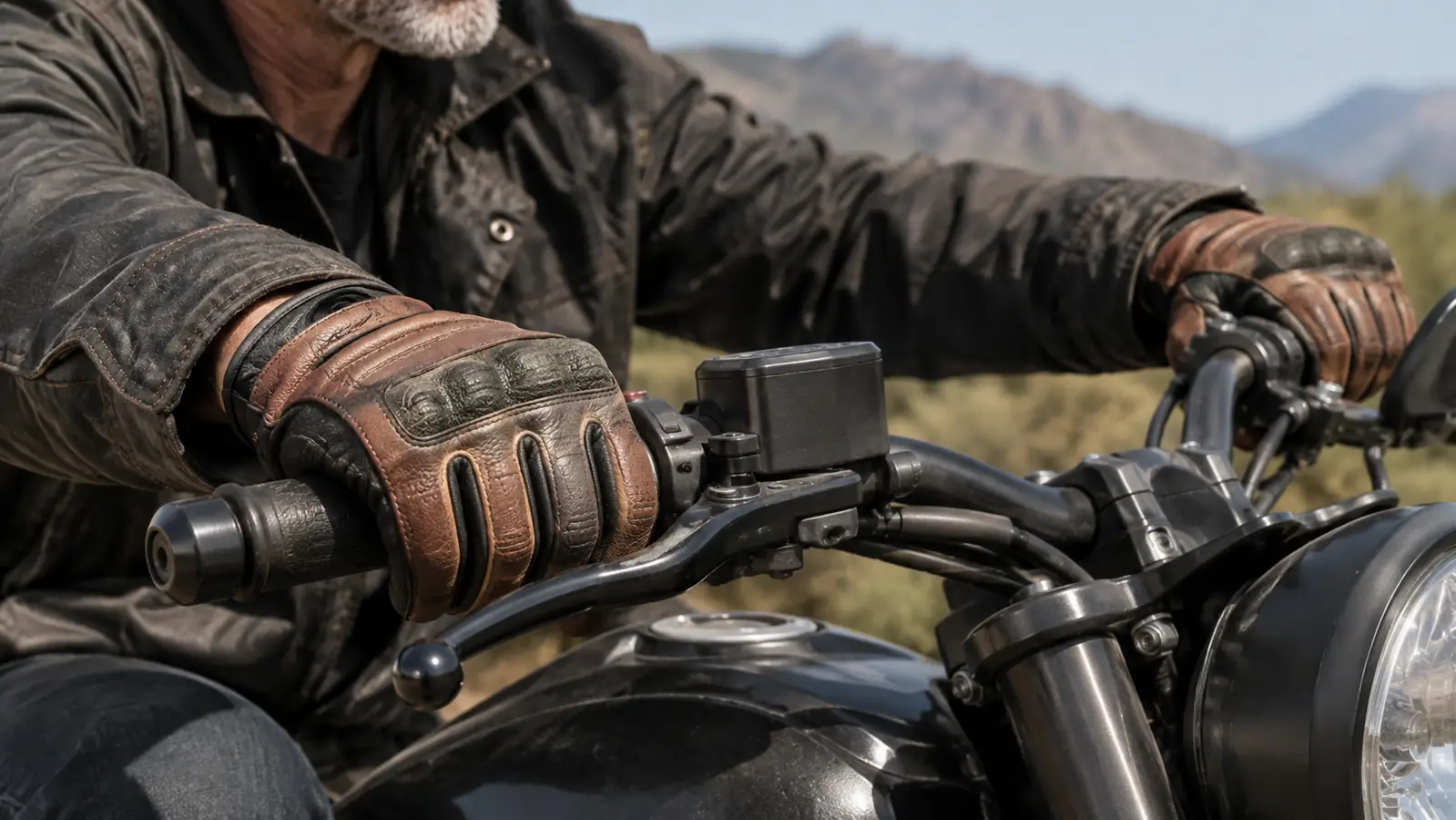 A rider's hands in leather gloves resting on the handlebars of a motorcycle