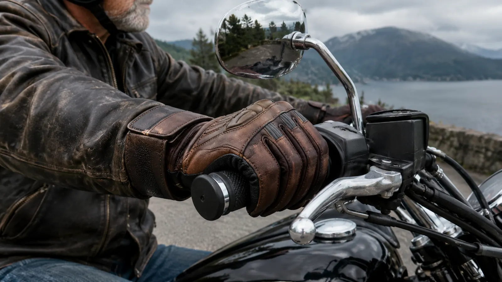 Close view of a rider's hand in a leather cruising glove on the throttle grip of a motorcycle