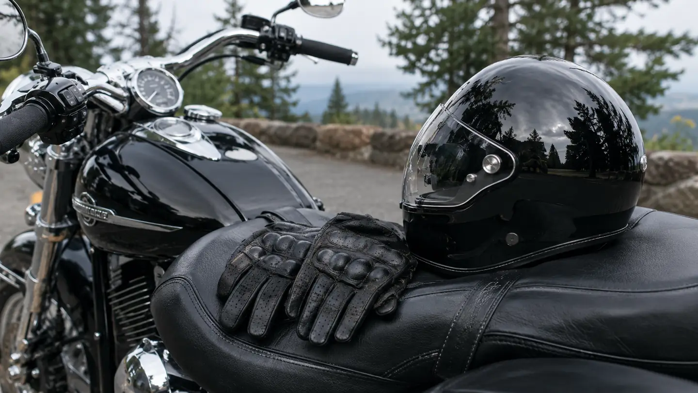 A pair of leather cruising gloves laid on the seat of a parked cruiser motorcycle beside a helmet at a rest stop