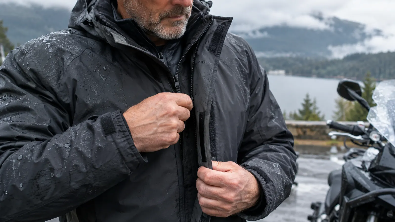 A rider zipping the storm flap on a rain jacket over a motorcycle jacket