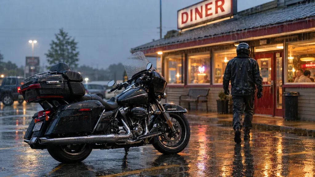 A motorcycle parked in the rain at a small roadside diner with a rider walking toward the door