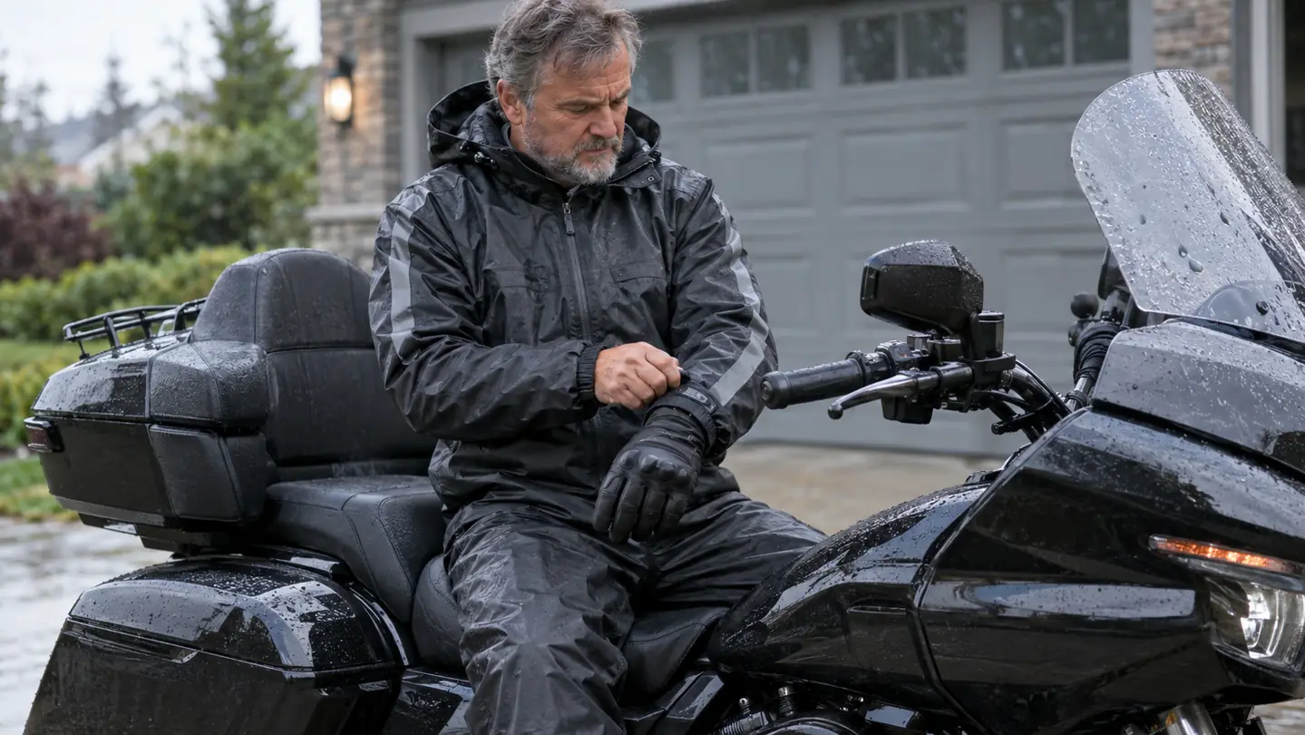 A rider in a rain jacket and rain pants seated on a touring motorcycle, adjusting the jacket cuff over a glove in light rain