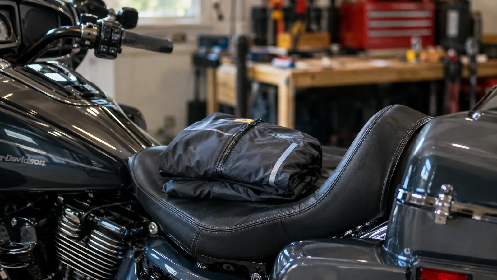 A folded rain suit packed into a compact bundle resting on the seat of a touring motorcycle in a garage