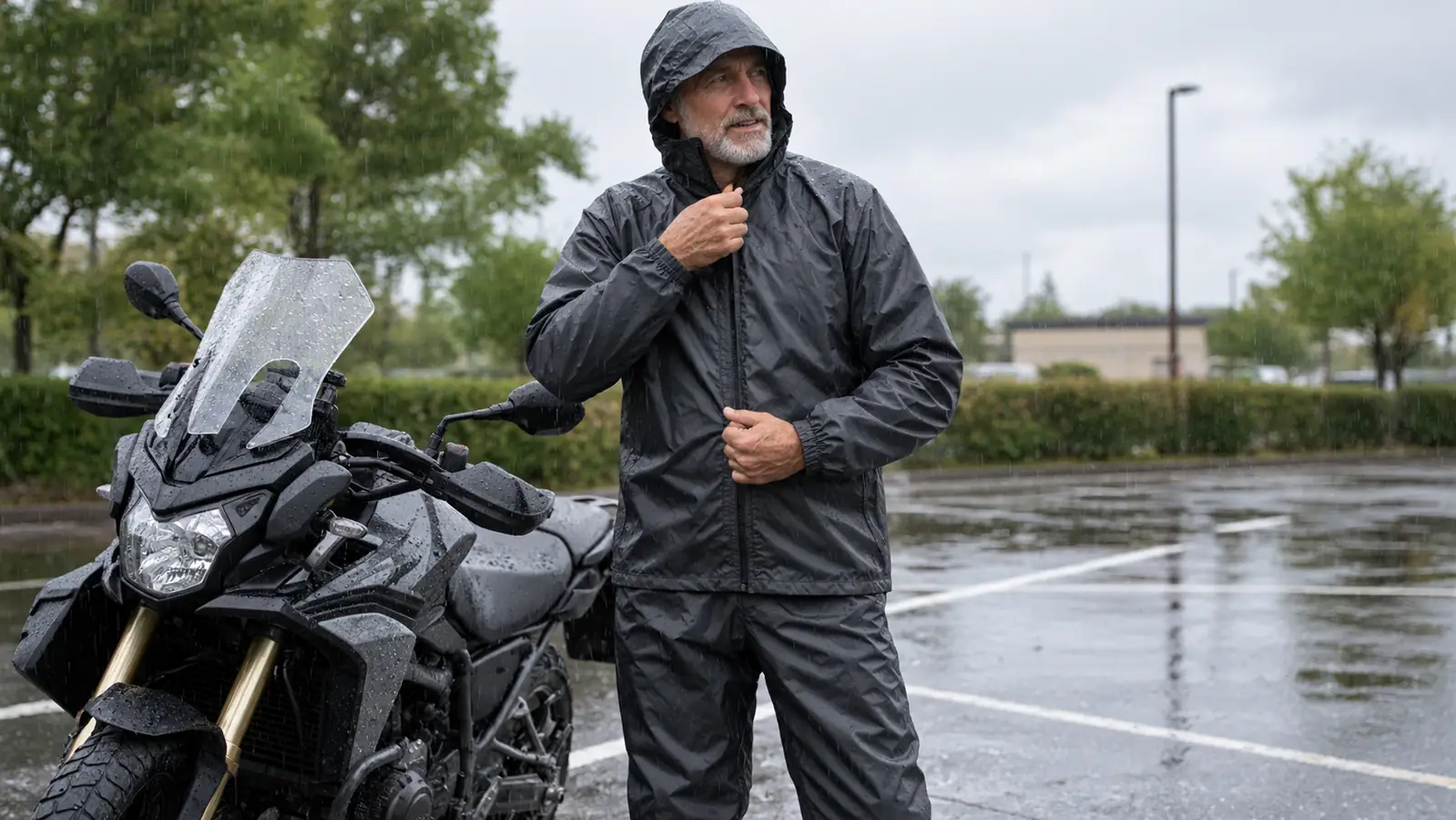 Rider in the Nelson-Rigg rain suit zipping the jacket closed in a rainy parking lot